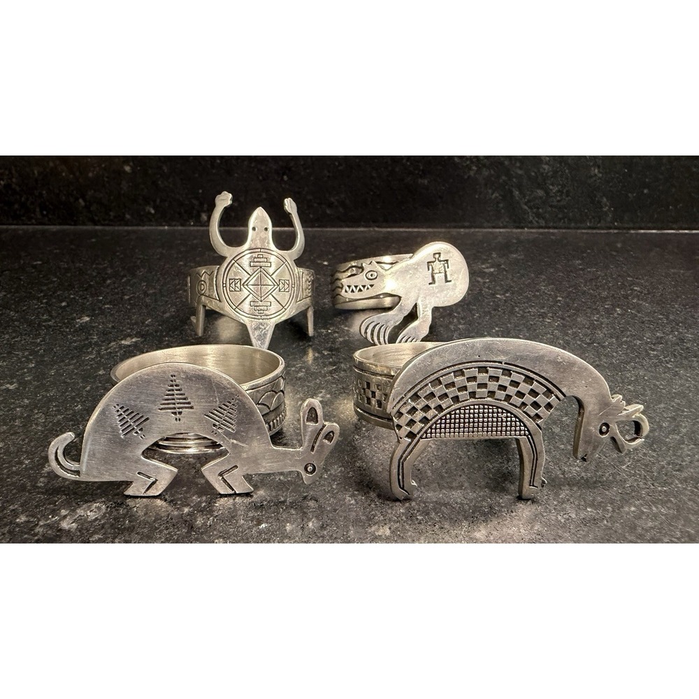 Vtg Southwest Style Figural Napkin Rings Set of 4 Metal Animal Tribal Thailand